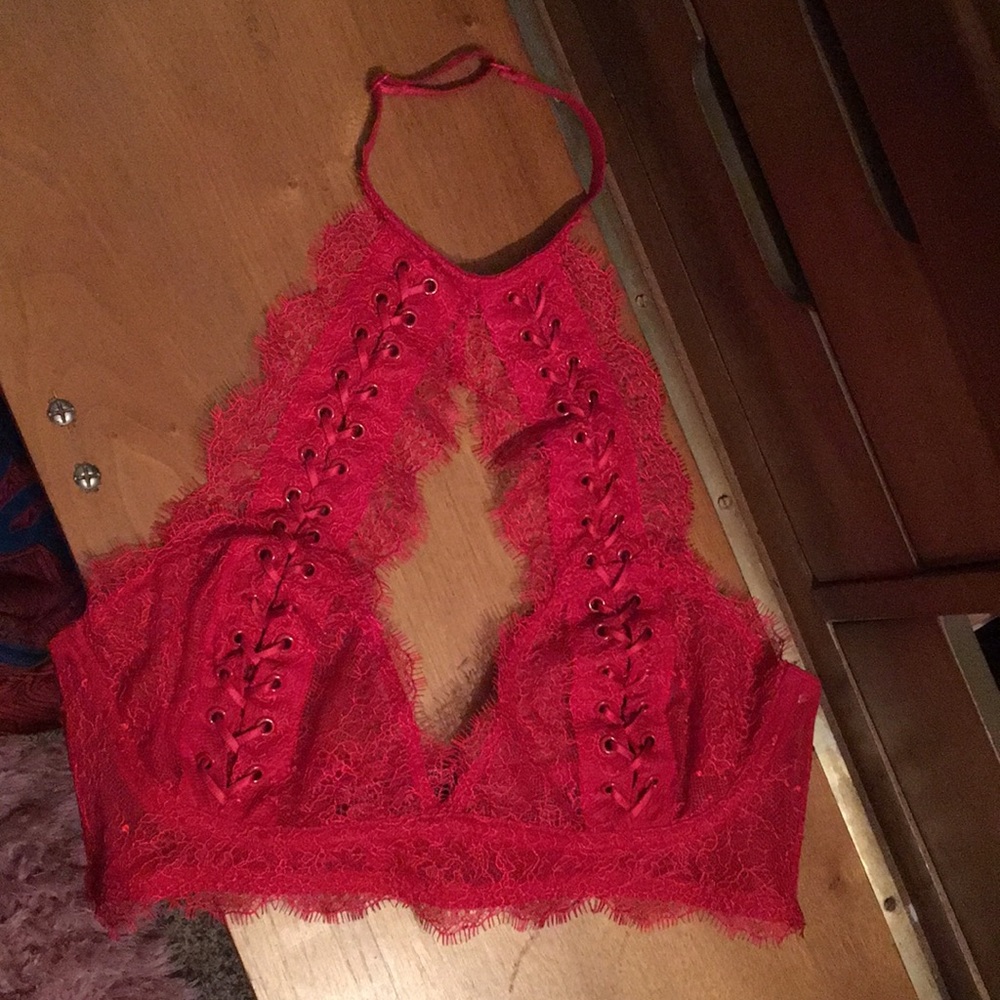 Victoria’s Secret red halter bra.
